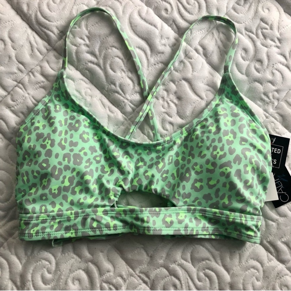 Neon Green & Leopard Print Crisscross Back Bikini Top